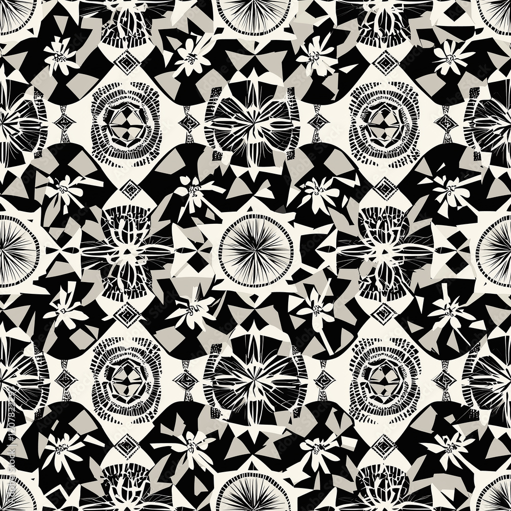 Poster Mandala Seamless Patterns Intricate black and white floral pattern with geometric elements, creating a visually striking textile design.