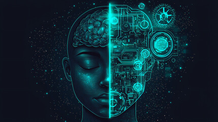 Obraz premium A serene half-human, half-machine face, the left side showing a peaceful human visage with closed eyes, and the right side transitioning into glowing neon teal circuits, gears, and holographic element