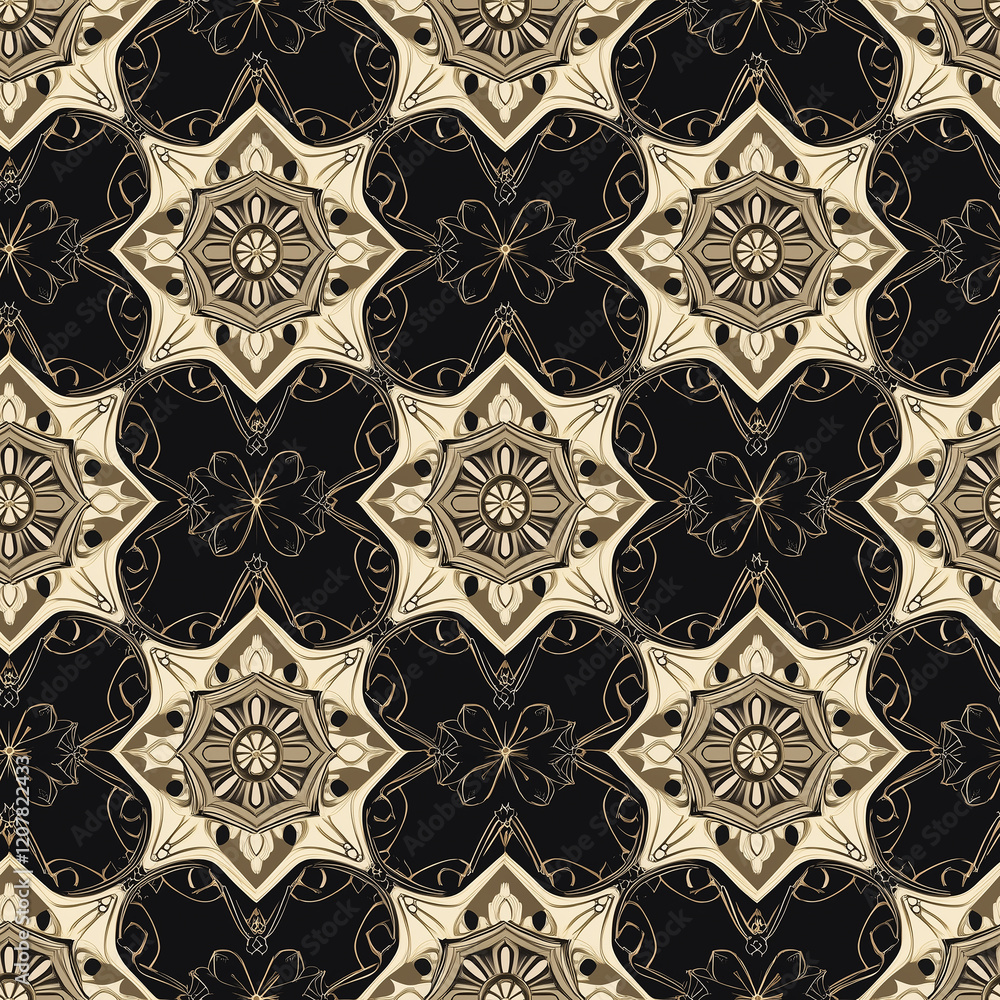 Poster mandala seamless patterns intricate geometric pattern featuring star-like shapes in black and beige 