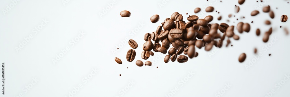 Poster roasted coffee beans are levitating on a white background, creating a dynamic and energetic scene th