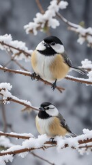 Obraz premium Black-capped chickadee perched on a snow-covered branch, bird, winter, forest animal