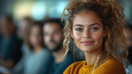 Young Woman Smiling Confidently in a Crowded Seminar Room, Engaging with Audience