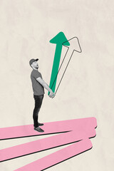 Composite image montage trend artwork 3D collage of young man delivery worker stand hold big arrow...