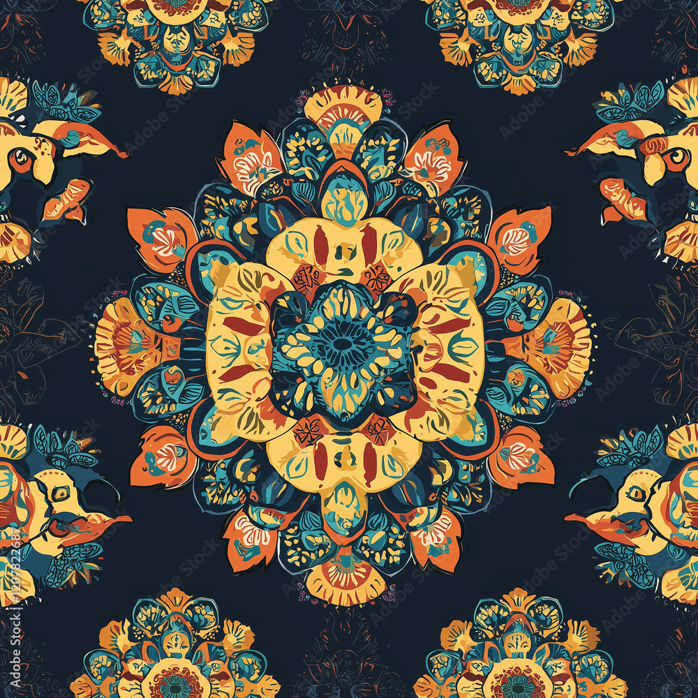 Poster mandala seamless patterns colorful floral pattern with intricate designs on a dark background, showc