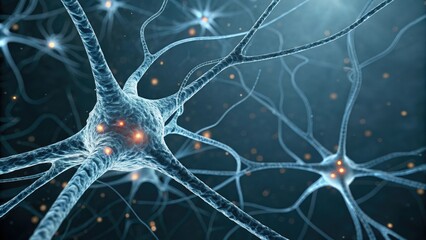 Close-up of neurons with electrical impulses traveling through them, neurotransmitters, brain function, electrical impulses