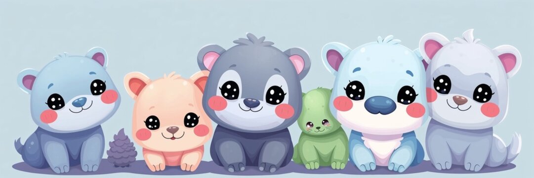 Adorable cartoon-style animals featuring pastel colors and big eyes in a charming lineup for children's themes
