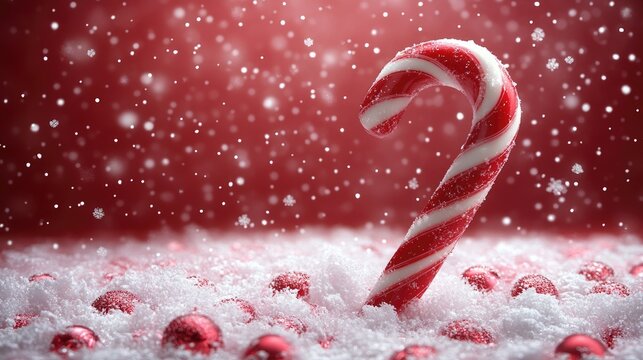 Red candy cane in snow, Christmas balls, festive background