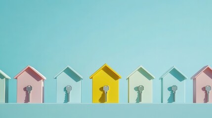 Fototapeta premium A row of house models with one standout yellow house holding keys on a light blue background, representing the concept of a new home and real estate.