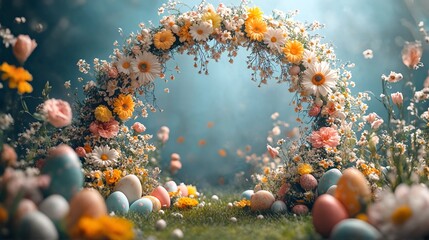 A colorful floral archway with an assortment of eggs is set against a soft blue background.