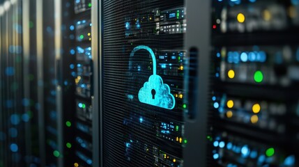 A server rack secured with a padlock, featuring a cloud and password icon, symbolizing robust protection for data and network security.