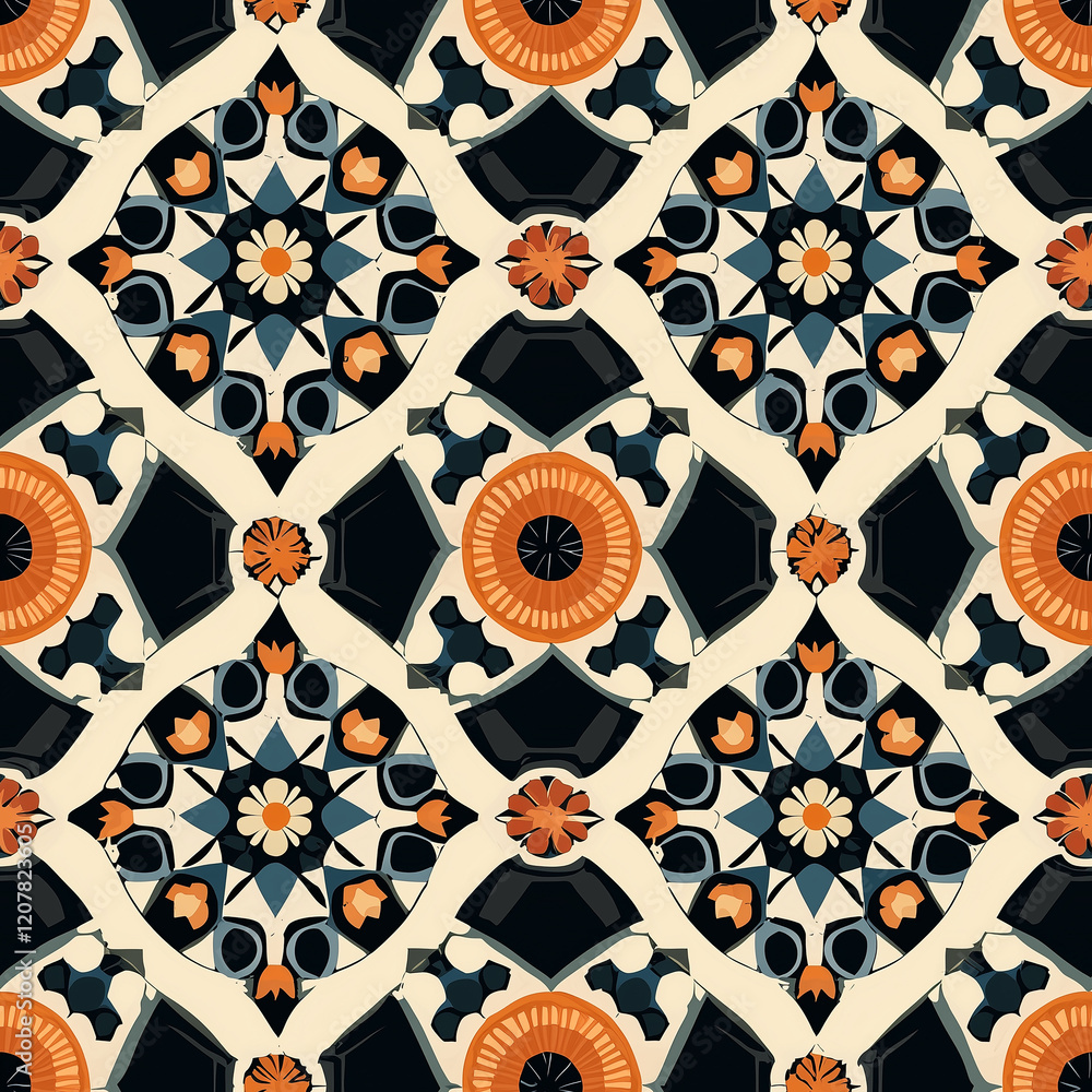 Poster Mandala Seamless Patterns Intricate geometric pattern featuring floral motifs in warm colors on a dark backdrop, creating a visually striking design.