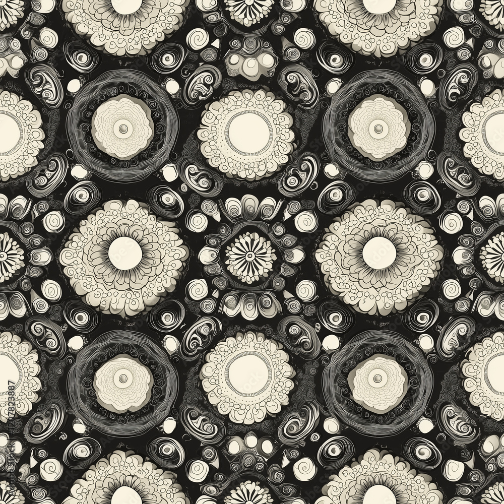 Aufkleber mandala seamless patterns intricate black and white floral pattern with circular motifs, creating a 