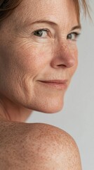 Close-Up of a Woman's Shoulder with Wrinkled Skin and Minimal Makeup on a White Background, Perfect for Skincare and Beauty Advertising