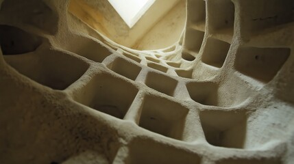 A close-up view of an undulating wall made of recycled cement, featuring geometric cavities that highlight sustainable construction and innovative architecture.