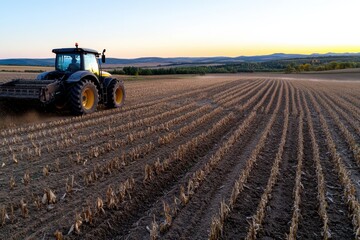Fototapeta premium This stunning image captures a tractor plowing a harvested field under a beautiful sunset sky, illustrating the cycle of agriculture and the hard work of farmers throughout the seasons.