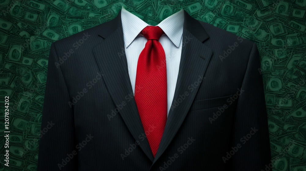 Poster the code of success: a sharp black suit with a vibrant red tie stands out against a backdrop of gree