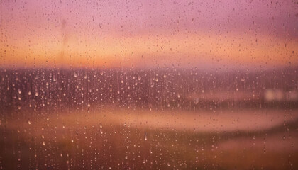 Raindrops on window with blurred city lights at sunset