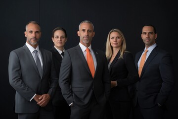 A group of men and women in suits and ties pose for a photo. Scene is professional and formal