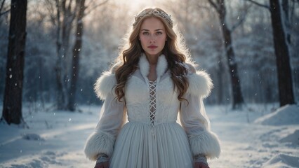 Majestic portrait of a young woman in a snowy forest wearing an elegant white dress