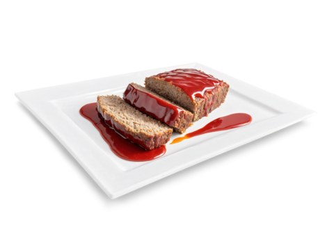Classic meatloaf slice with ketchup glaze, hearty texture, appetizing red top, rustic charm, hero product shot, clean lines