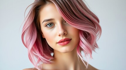 Fototapeta premium Stylish Young Woman with Pink Ombre Hair and Natural Makeup in Soft Lighting