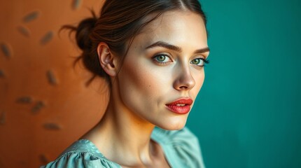 Naklejka premium Beautiful young woman with captivating eyes posing gracefully against contrasting colorful background