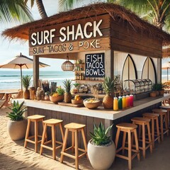 A casual surf shack by the beach offering surf inspired dishes l