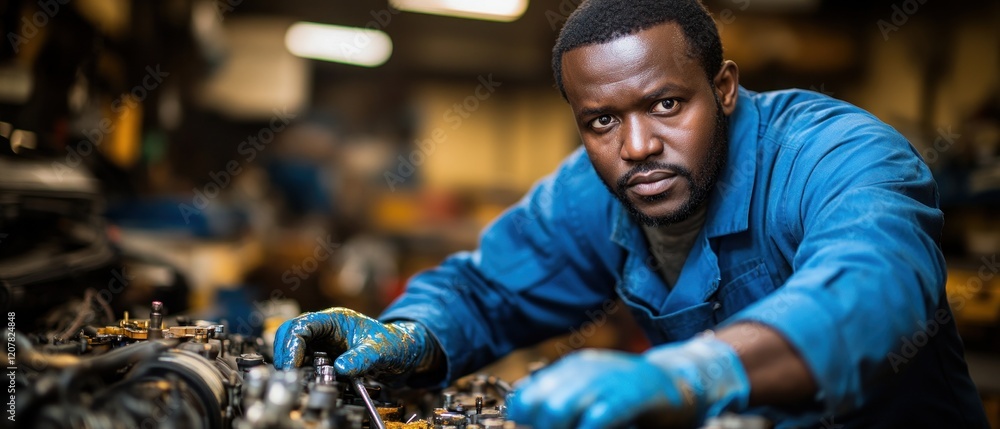 Poster mechanic working intently on an engine in a busy workshop filled with tools