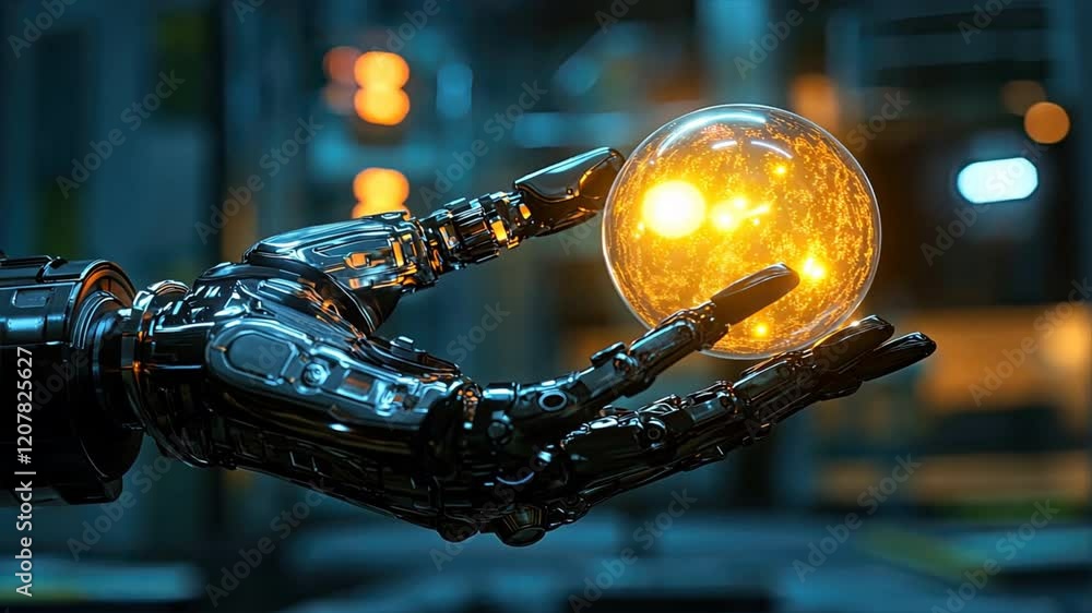 Poster futuristic robotic hand holds glowing orb, showcasing advanced technology and innovation with intric