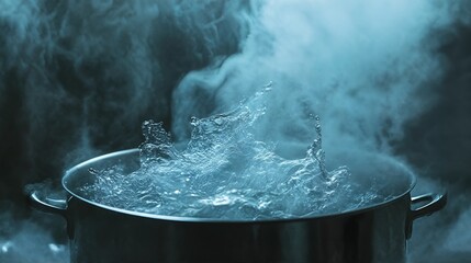 A large pot of boiling water with steam rising from it.