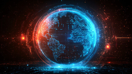 Obraz premium A futuristic digital globe glowing with blue and red hues, featuring intricate data lines and a holographic effect, set against a dark background.