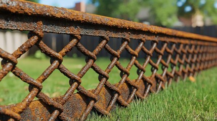 Rusty metal fence with diamond pattern in grass.