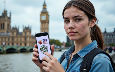 Tourist showing approved eta on smartphone in london with big ben in background
