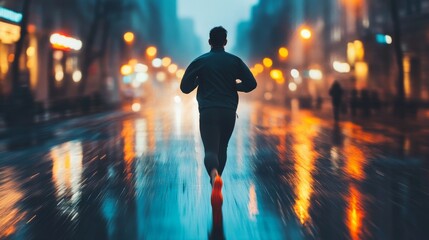 Running Alone in the Rain at Night: A Silhouette of a Jogger in a City with Reflections on Wet Pavements and Soft Glowing Lights in Foggy Atmosphere