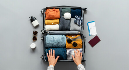 Woman packing clothes in suitcase getting ready for travel with passport, boarding pass, sunglasses, and toiletries
