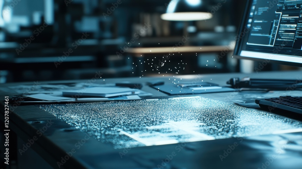 Aufkleber futuristic projection of data points creating a hologram on a desk in a modern office setting with a