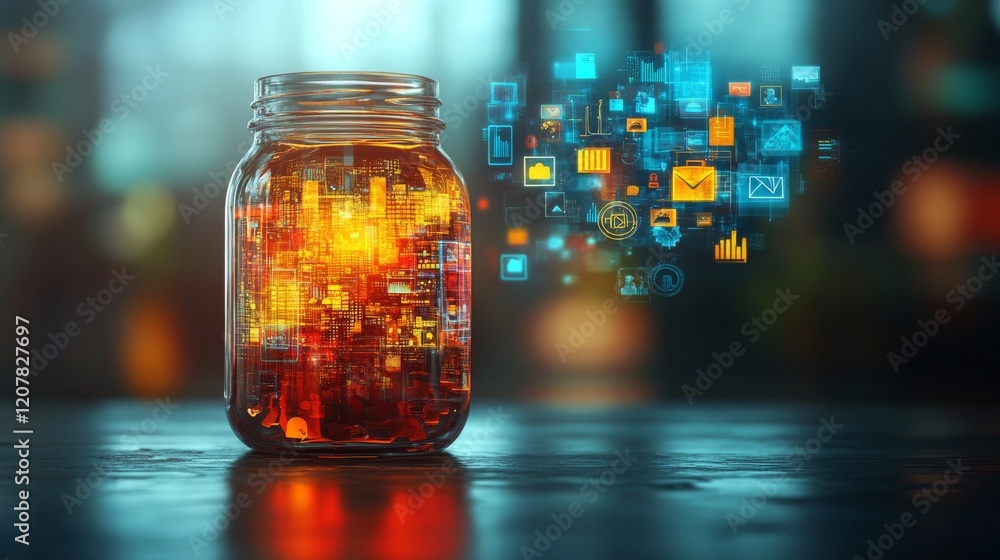 Poster illuminated jar with glowing abstract elements in a digital environment at night