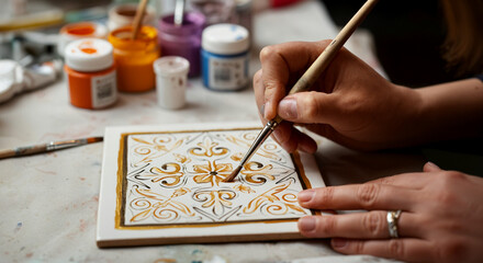 Close-up of artisan hands meticulously painting floral ornaments on ceramic tile, using gold paint and fine brush, showcasing traditional craftsmanship
