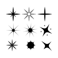 Stars sparkle with hues of , gold, and even hints. Shining twinkle sunburst stars sparkle shape. Stars icon Collection. Glowing light effect, y2k style basic shapes geometric graphic vector.