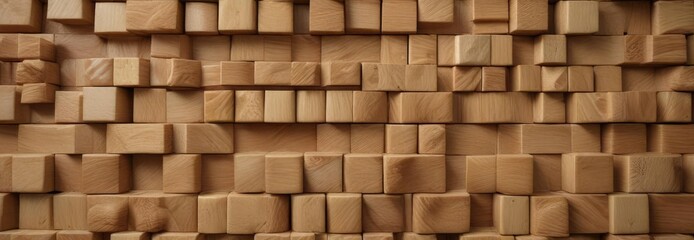Fototapeta premium Close-up of wooden blocks forming decorative panel on wood surface, arrangement, interior design