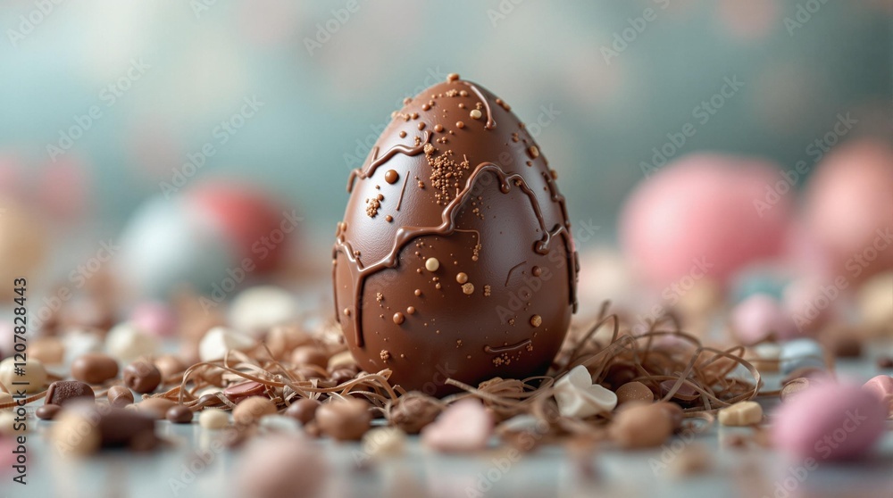 Poster a chocolate easter egg adorned with decorative patterns, surrounded by various colorful chocolate eg