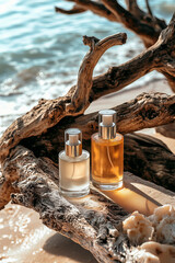 Skin care products on a background of sand, sea and wood