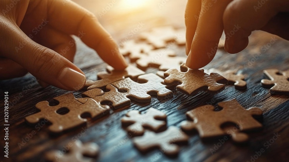 Poster two hands connecting puzzle pieces, symbolizing teamwork and collaborative problem-solving. close-up