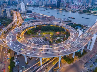 Aerial view of NanPu Bridge at night in Shanghai
