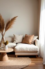 Boho bedroom interior. Wooden photo frame layout on old bedside table. Vase with dry grass Bed linen made of beige linen