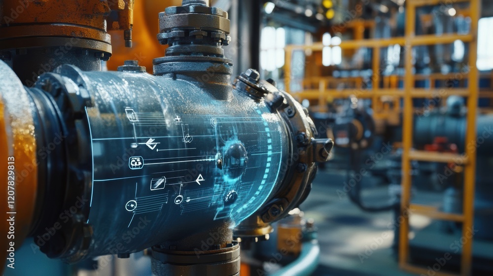 Poster futuristic industrial pipeline monitoring system analyzing data flow and optimizing efficiency while