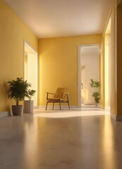 Fototapeta premium An extremely bright yellow light illuminates a room with minimal decor, happy mood, optimistic vibe