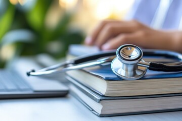 Stethoscope resting on a stack of books near a laptop with a person typing in the background, symbolizing medical education and healthcare