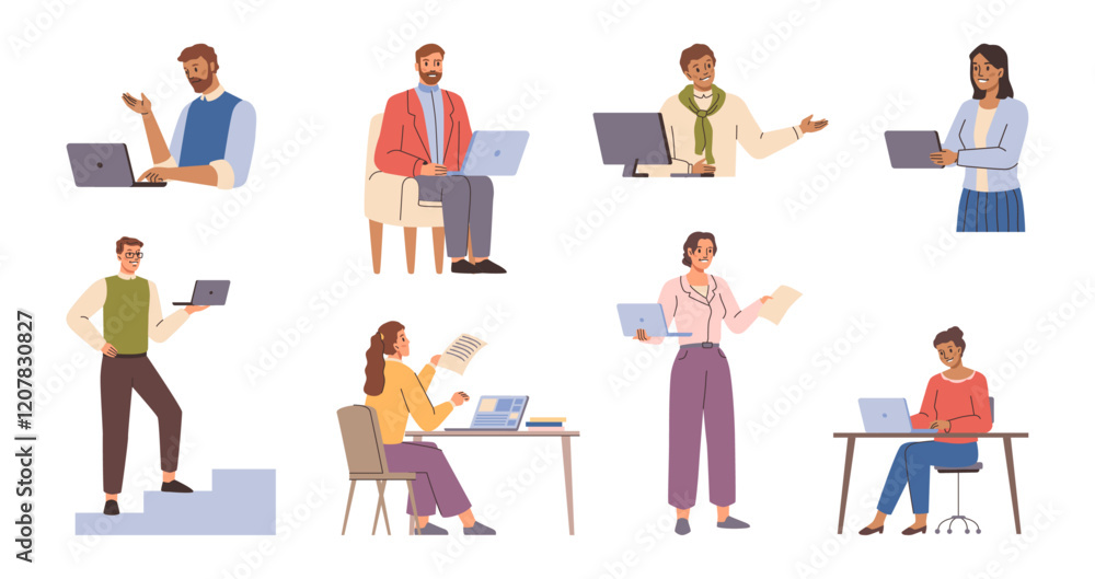 Fototapete People working with laptops and computers. Vector isolated designers and developers at working place. Smiling male and female characters in office and at remote work, freelancing outdoors