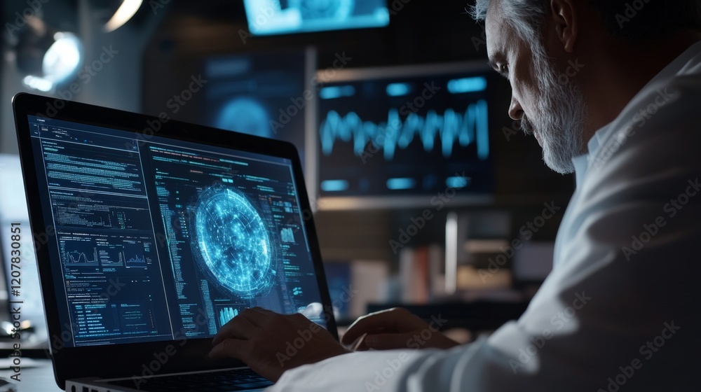 Poster professional data analyst working close up on laptop analyzing data